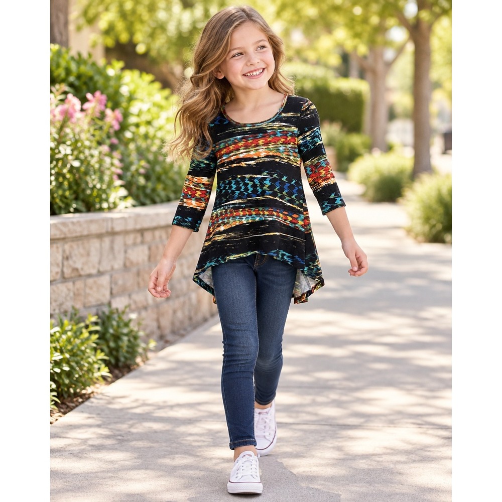 2-hip by Wrapper Girls Tribal Chevron High Low Top Black Multi 3/4 Sleeve